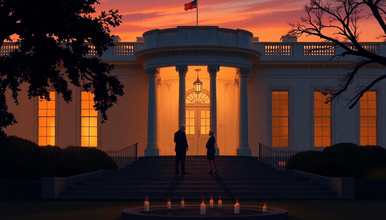 A warm, cinematic painting of the White House entrance at dusk, with the shadowy figures of two couples greeting each other on the steps, conveying a sense of diplomatic formality and international cooperation.