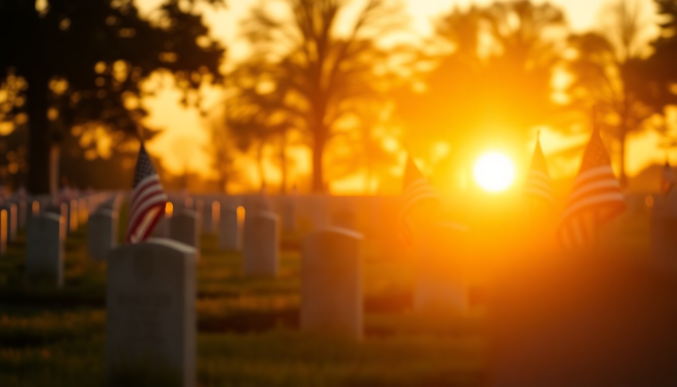 An out-of-focus photograph of a military cemetery at sunset, with blurred headstones and American flags gently waving in the warm, golden light, creating a contemplative and reverent mood.