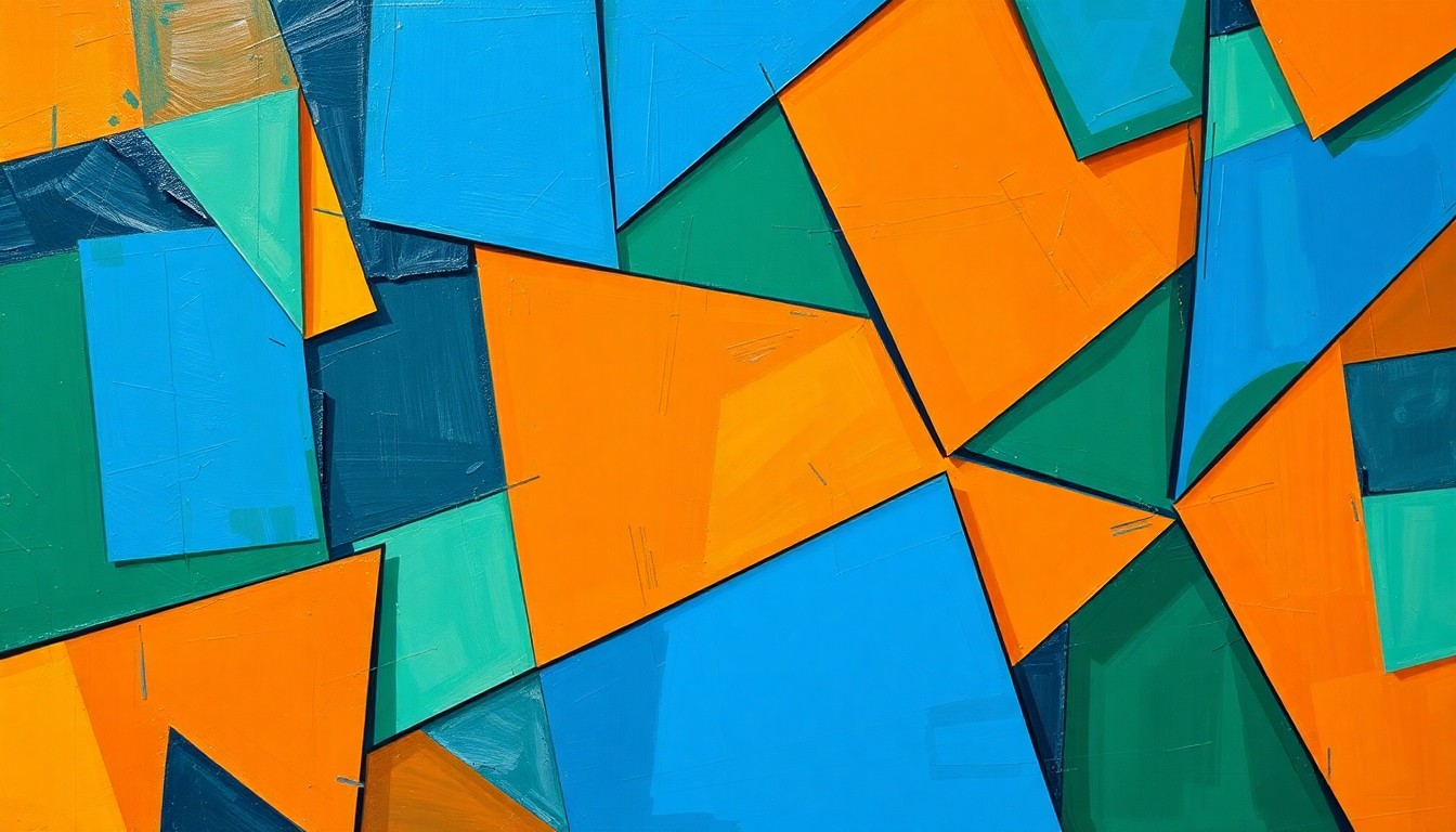 A cubist, geometric painting depicting a fragmented sports broadcast, with overlapping planes of color and shape representing the chaotic energy of a viral fan moment.