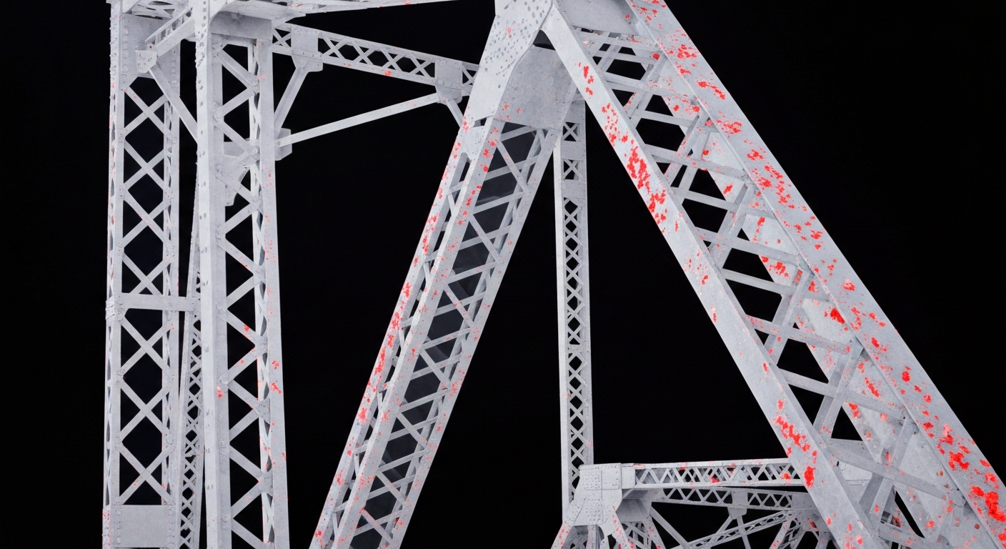 An extreme close-up X-ray photograph revealing the internal metal framework of an urban bridge, with flecks of bright red lead paint visible on the surface, conceptually illustrating the hidden danger of lead contamination.