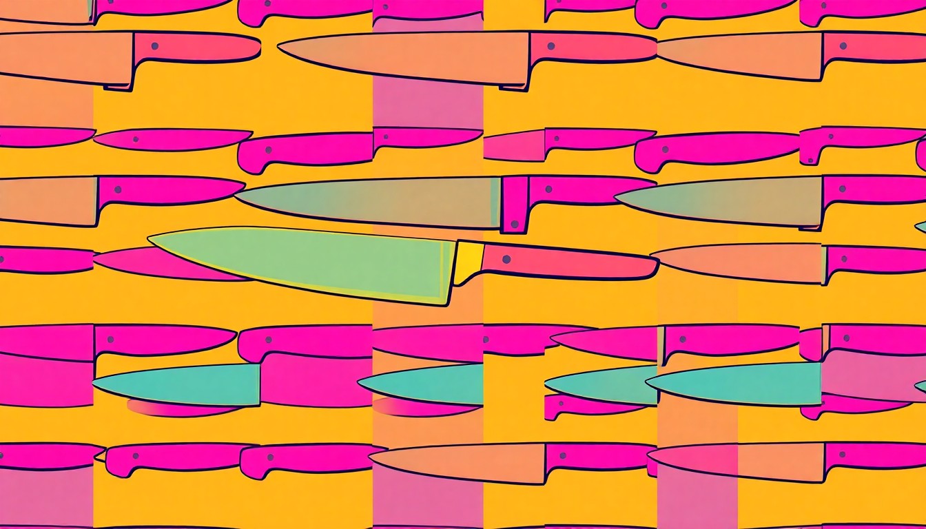 A bold, graphic illustration featuring a chef's knife repeated in a grid pattern, rendered in a high-contrast, silkscreen style with bright, neon colors and heavy black outlines, conceptually representing the practical cooking techniques that will be taught at the upcoming event.
