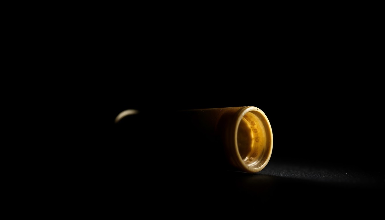 An extreme close-up photograph of a spent shell casing or other physical evidence from the crime scene, lit by a harsh, direct camera flash against a pitch-black background, conceptually illustrating the violent incident that occurred near the high school.