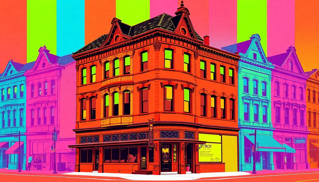 A vibrant, abstract silkscreen illustration featuring a repeated image of a historic Victorian-style building in downtown Troy, Ohio, rendered in a bold, neon color palette that captures the energy and significance of preserving the city's architectural legacy.