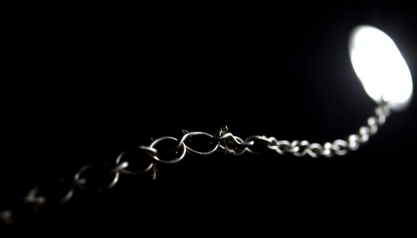 An extreme close-up photograph of a twisted, broken necklace chain against a pitch-black background, conceptually representing the aftermath of a domestic violence incident.