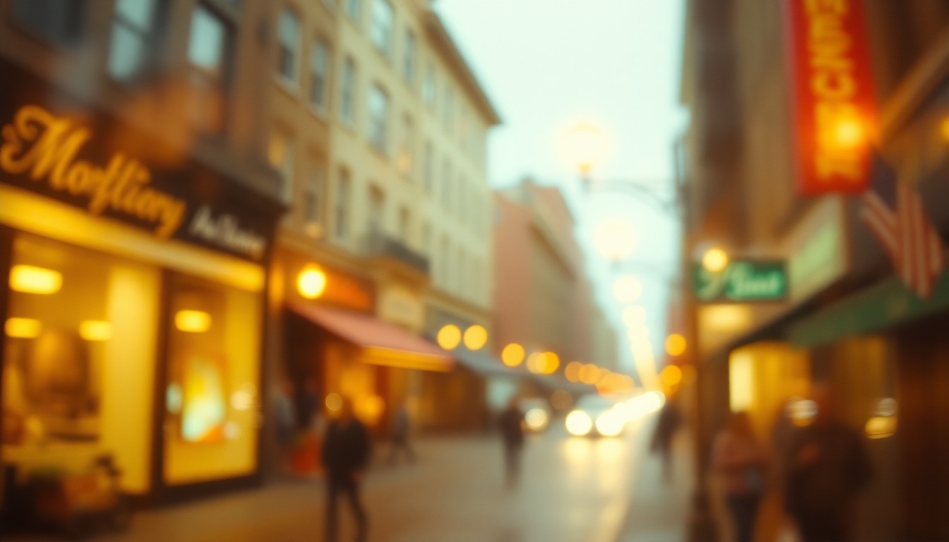 An impressionistic, out-of-focus photograph depicting the blurred silhouettes of pedestrians and storefronts on a historic downtown street, conveying a sense of nostalgia and the importance of preserving local landmarks.