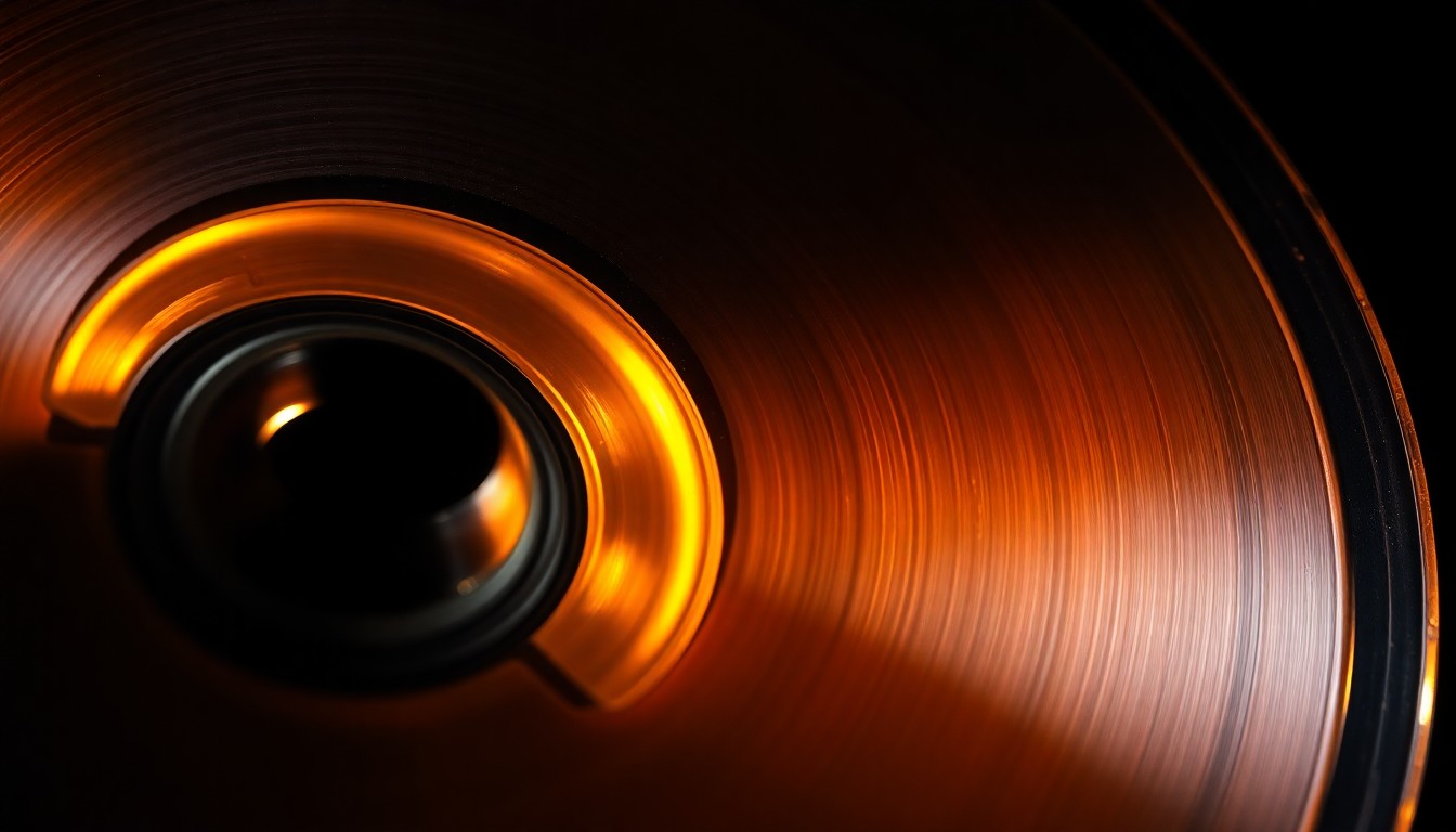 An extreme close-up photograph of a vintage cassette tape reel, with the tape itself reflecting a warm, golden glow under dramatic studio lighting, creating an abstract and glamorous visual representation of the analog recording medium.