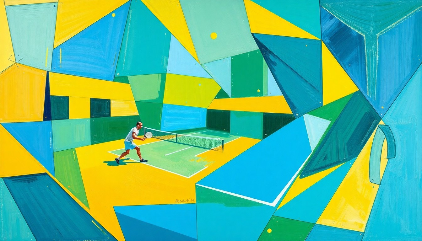 A cubist, geometric painting depicting a padel match, with sharp, overlapping planes of blue, green, and yellow representing the dynamic movement and energy of the sport.