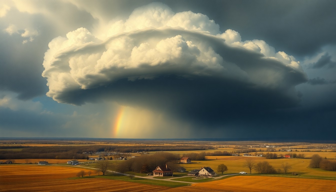 A sweeping, atmospheric landscape painting in muted tones of gray, blue, and green, depicting a massive shelf cloud formation dominating the sky over a small town, with the faint outline of a rainbow peeking through the stormy clouds, conveying the overwhelming scale and sublime power of the natural forces at play.