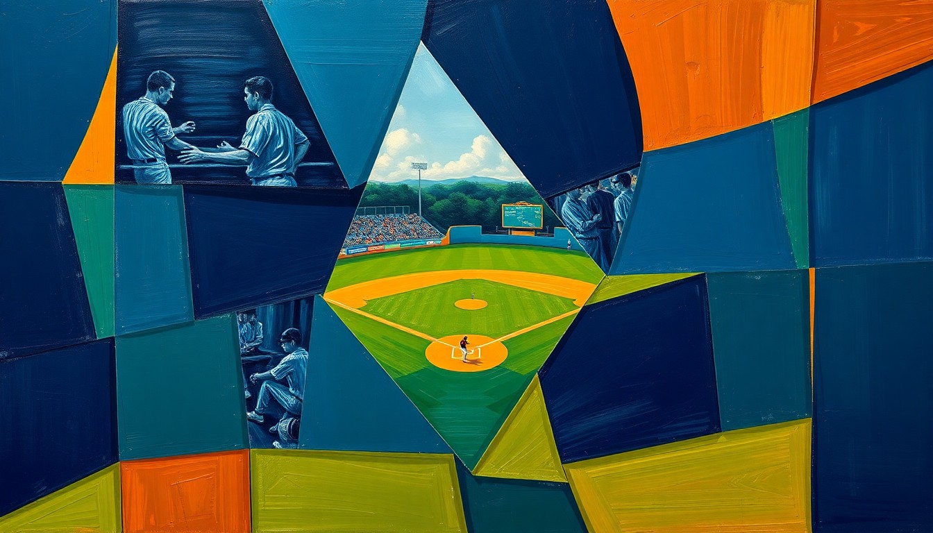 A cubist, geometric painting depicting a high school baseball game, with overlapping planes of navy, green, and orange representing the dynamic action on the field.