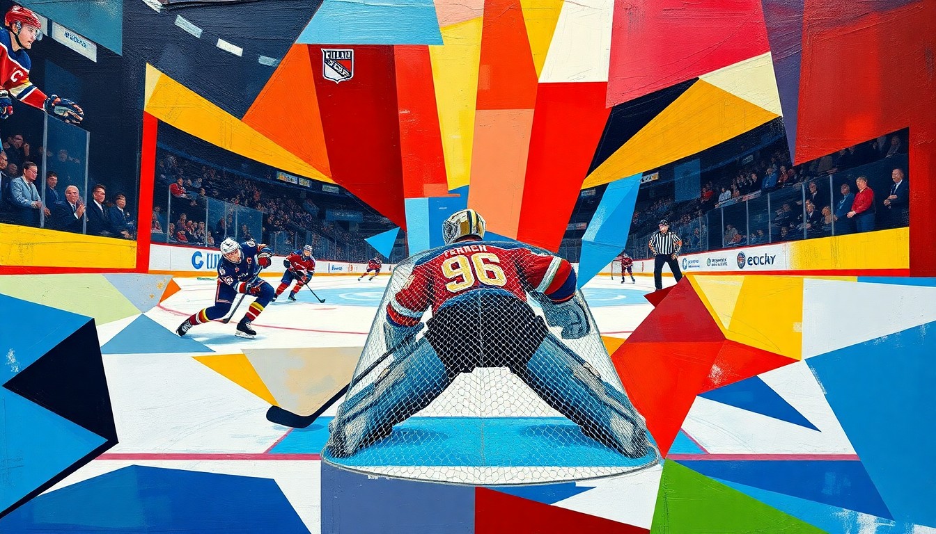 A cubist, geometric painting depicting the final moments of a hockey game, with the goaltender's equipment and the puck breaking down into fragmented, overlapping shapes and planes of color, representing the intensity and drama of Jonathan Quick's last game.