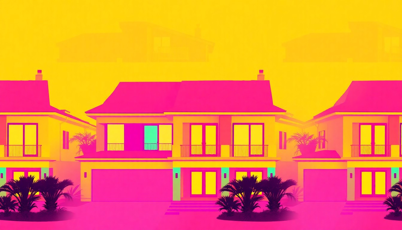 A brightly colored, high-contrast silkscreen print of a luxury home exterior, repeated in a tight grid pattern in the style of Andy Warhol, capturing the modern and vibrant nature of this custom-built property.