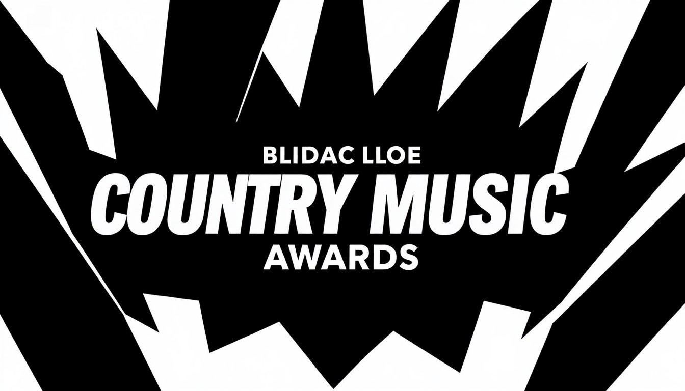 A dynamic, abstract composition of angular black shapes against a stark white background, conveying the energy and prestige of a major country music awards show without using any literal imagery.