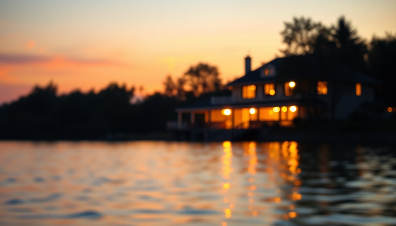 An abstract, out-of-focus photograph of a lakefront home at sunset, with warm pools of light and color reflecting on the water's surface, conveying a sense of peaceful lakeside living.
