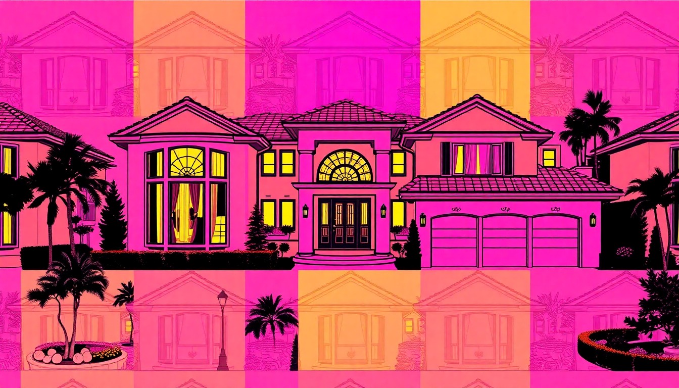 A vibrant, high-contrast silkscreen print of a luxury home exterior, repeated in a grid pattern with bold, neon-like colors and heavy black outlines, conceptually representing the modern, eye-catching nature of this rare new construction property.