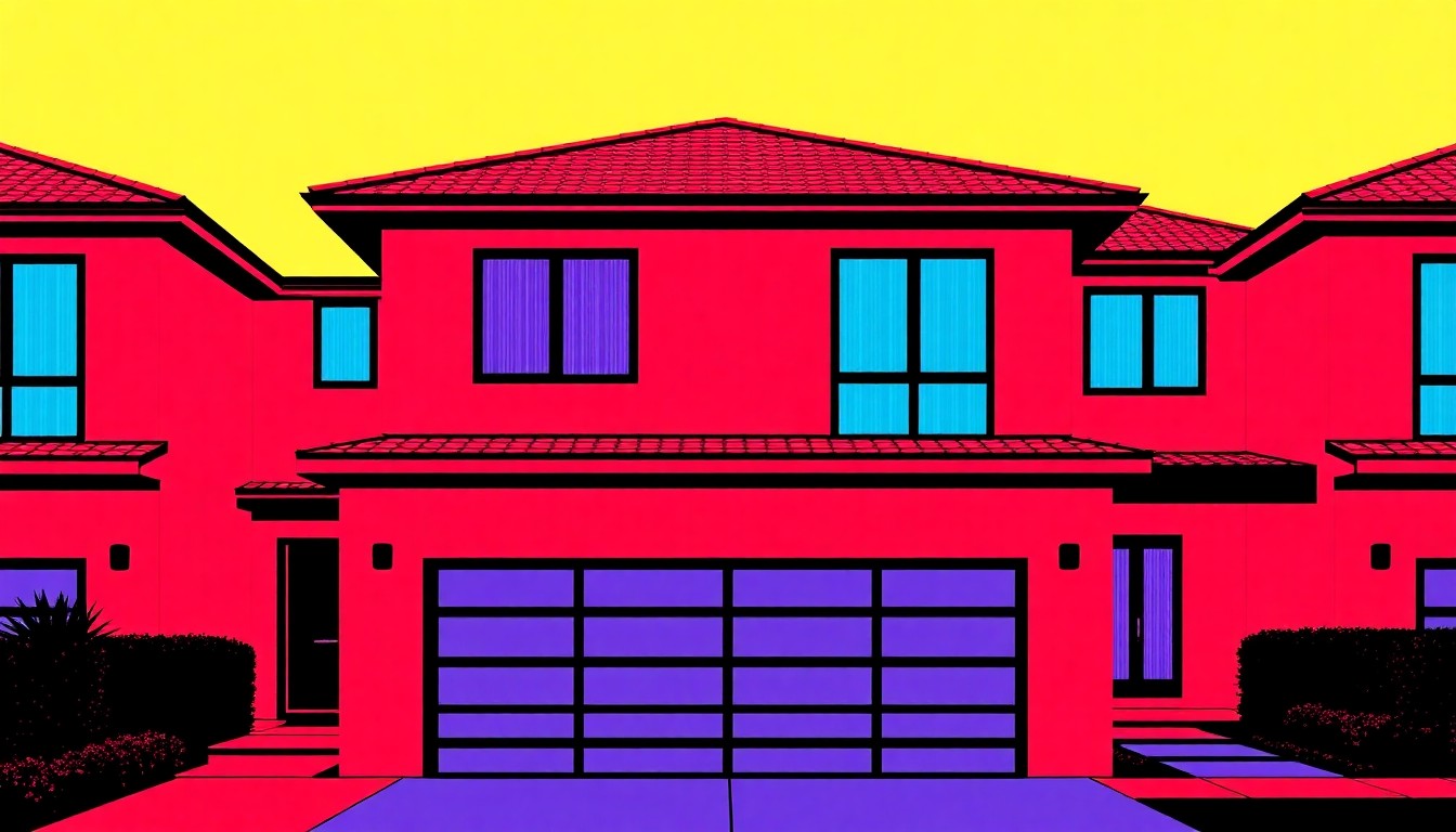 A brightly colored, high-contrast silkscreen print of a single, iconic luxury home exterior object repeated in a tight grid pattern, capturing the custom craftsmanship and modern design of the Hutchinson property.