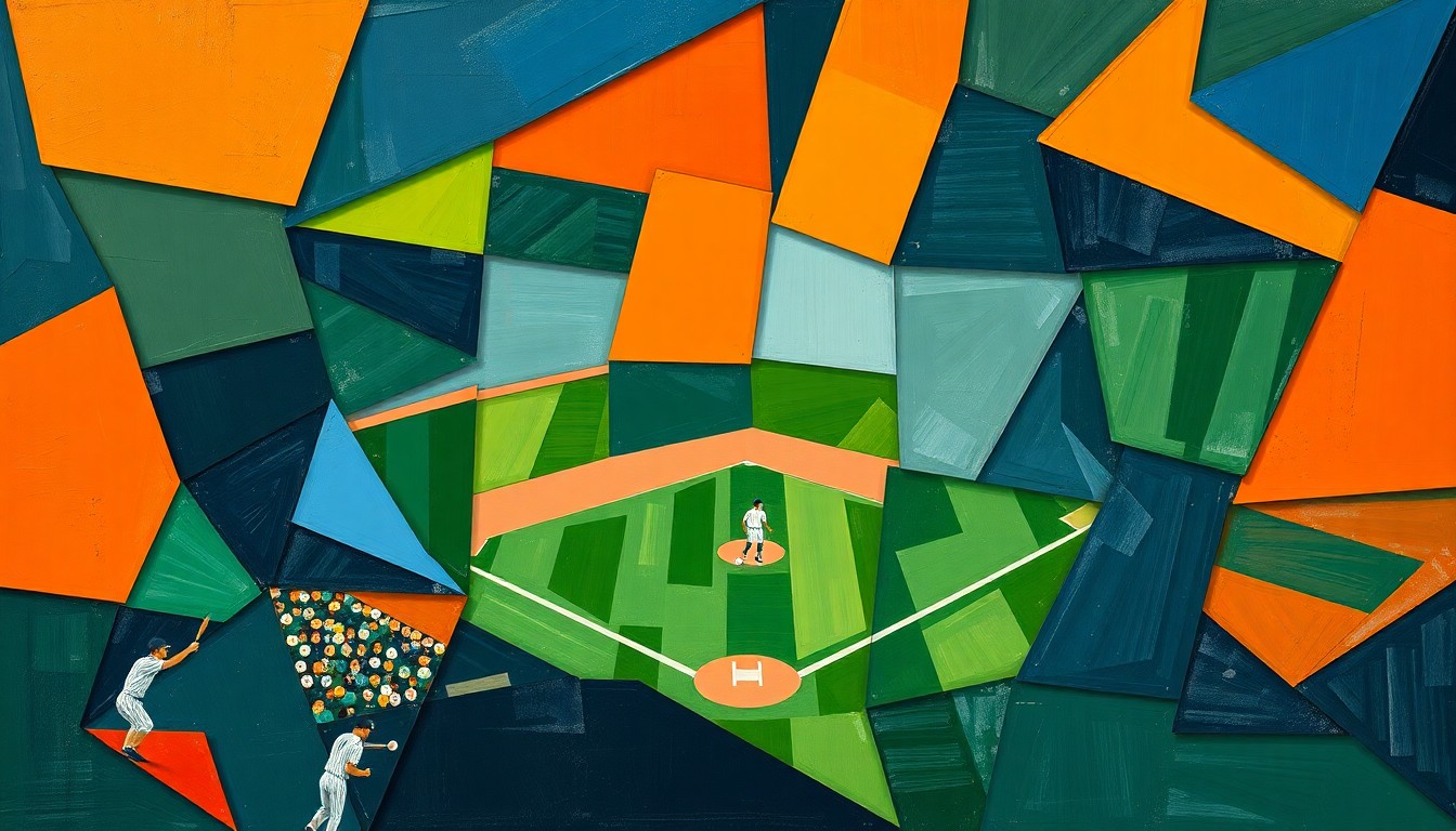A cubist, geometric painting depicting a fragmented, multi-perspective view of a baseball game, with sharp overlapping planes in navy, green, and orange, conceptually representing the signing of a local student-athlete to a college program.