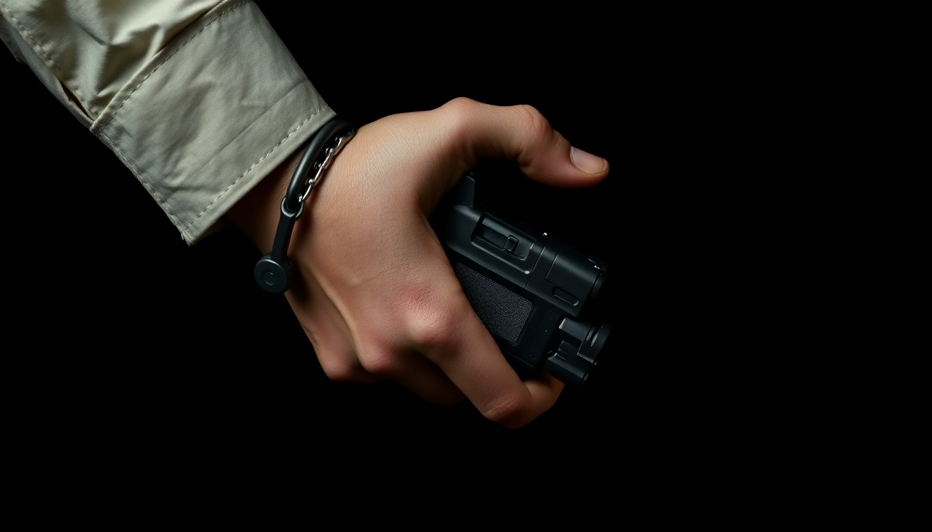 An extreme close-up photograph of a handcuffed wrist and a taser against a pitch-black background, conceptually illustrating the use of force by law enforcement during the Beale Street incidents.