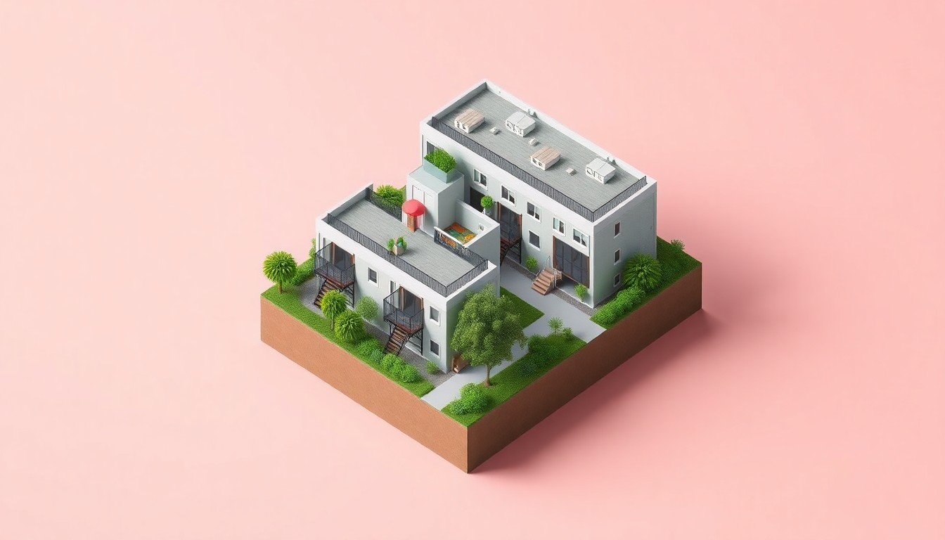 A highly stylized, isometric 3D digital illustration depicting a miniature model of the Berkeley Station affordable housing development, with its modular apartment units, rooftop deck, and lush landscaping, rendered in a clean, modern aesthetic with bold colors and soft lighting.