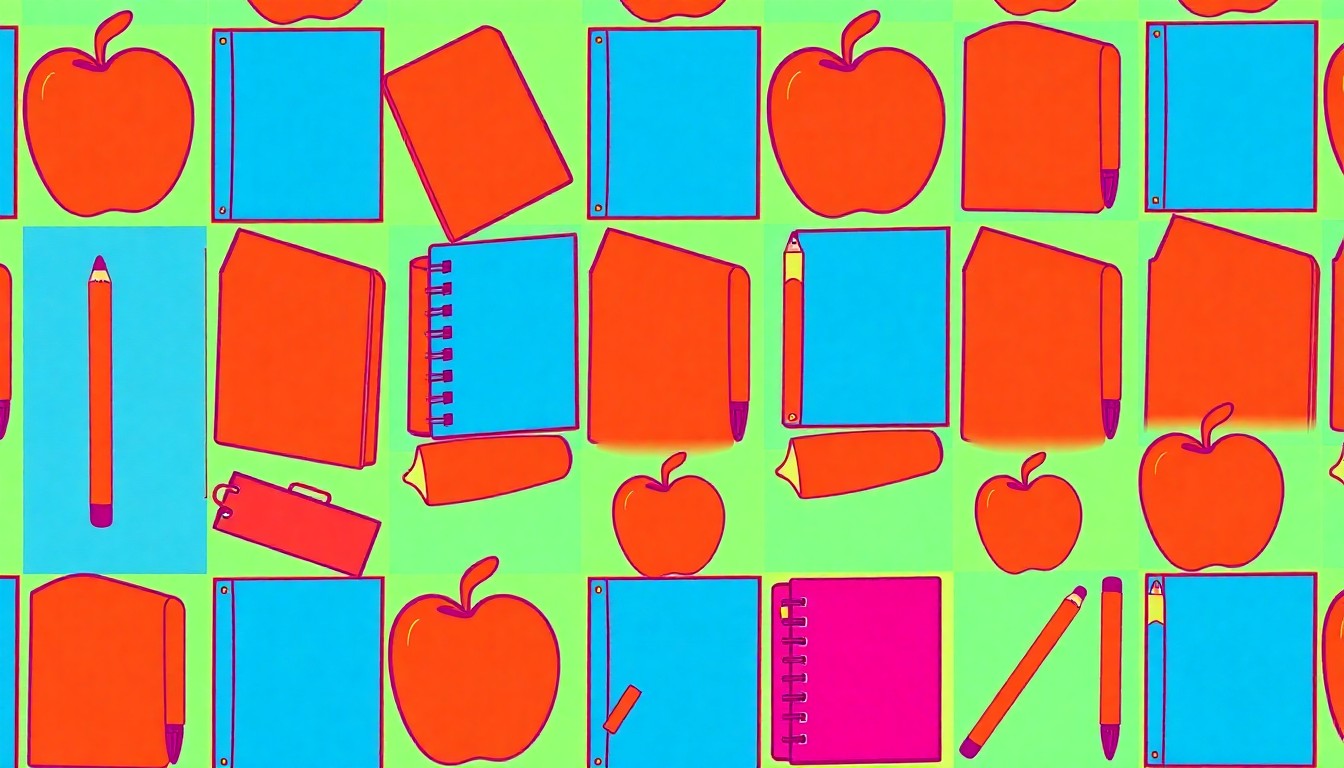 A brightly colored, high-contrast silkscreen print of a single, iconic school supply item such as a pencil, notebook, or apple repeated in a tight grid pattern, utilizing flat, vibrant, and unnatural neon color palettes overlapping with heavy black photographic outlines to turn everyday educational objects into modern pop art.