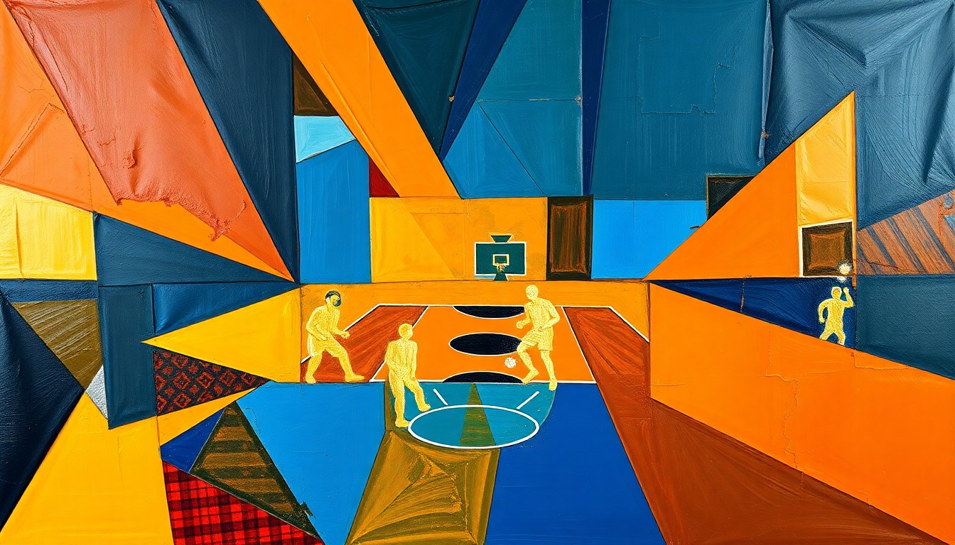 A fractured, geometric painting depicting a basketball player in motion, with sharp planes of color and overlapping shapes conveying the energy and intensity of the sport.