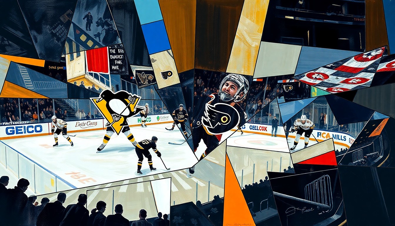 A cubist, geometric painting depicting a hockey game between the Pittsburgh Penguins and Philadelphia Flyers, with the players and action broken down into sharp, overlapping shapes and planes of color.