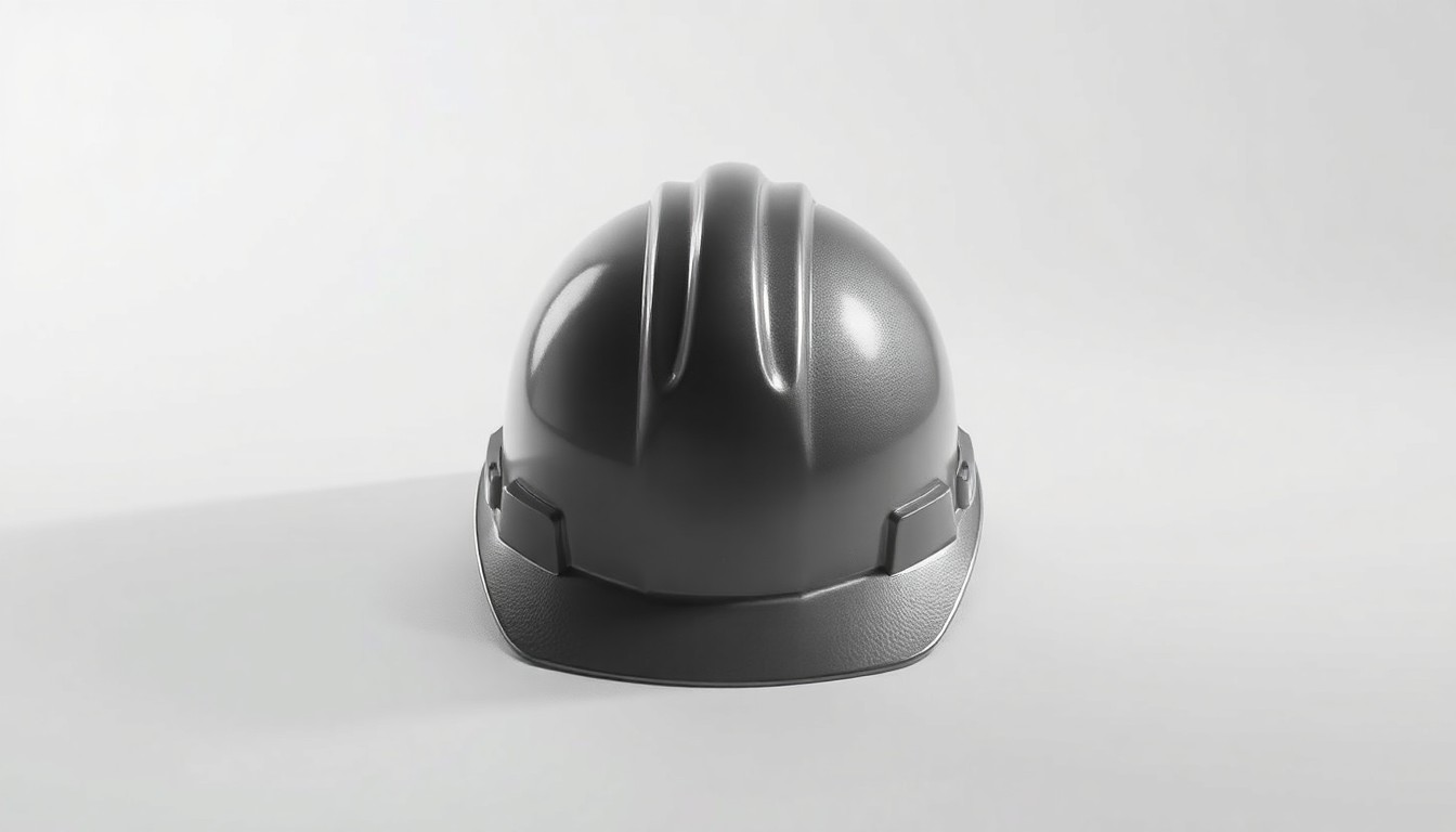A polished metal hard hat resting alone on a clean, monochromatic background, conveying the solemnity of a workplace tragedy through dramatic lighting and shadows.