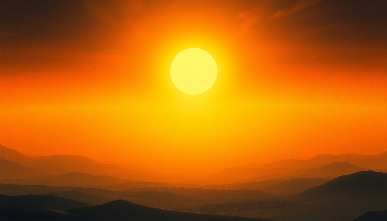 A sweeping, atmospheric landscape painting in muted earth tones, with a distant city or town barely visible under a harsh, glaring sun, conveying the overwhelming scale and intensity of an extreme weather event.