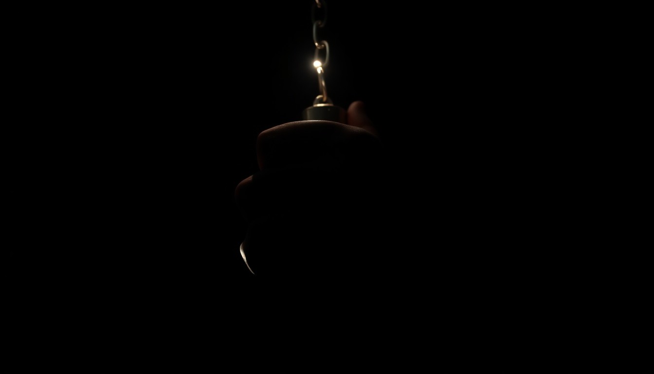 An extreme close-up photograph of a handcuff, capturing the metallic texture and reflective surface under harsh, direct lighting, conceptually representing the serious nature of a law enforcement officer's arrest.