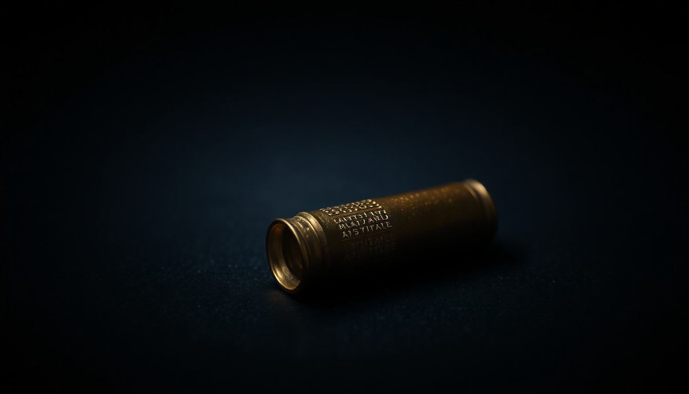 An extreme close-up photograph of a single spent shell casing on a dark surface, lit by a harsh, direct camera flash, conceptually representing the physical evidence at the center of a violent crime.