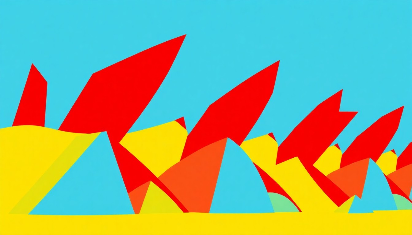 An abstract, minimalist illustration using bold, geometric shapes in bright colors to represent the joyful energy and sense of community captured in a viral video of local residents welcoming Coachella attendees.