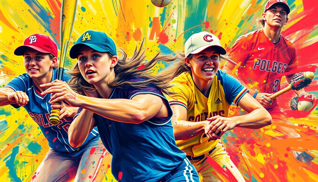 An abstract, energetic painting with bold brushstrokes in neon colors, capturing the dynamic motion and spirit of a college softball game.