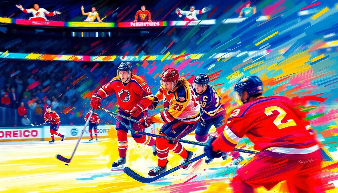 An abstract, textured painting in bright neon colors, with sweeping brushstrokes evoking the fast-paced action and excitement of a college hockey championship game.
