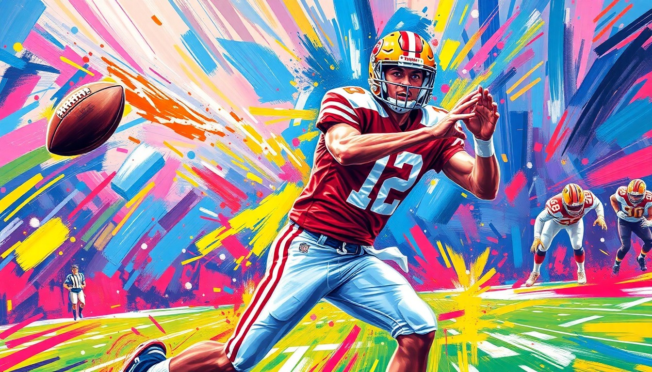 An abstract, energetic painting with bold, neon-colored brushstrokes capturing the dynamic motion and power of a high school quarterback making a throw downfield.