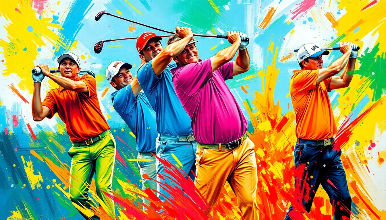 An abstract, energetic painting featuring bold brushstrokes in neon greens, blues, and oranges, capturing the dynamic motion and intensity of a professional golf tournament.