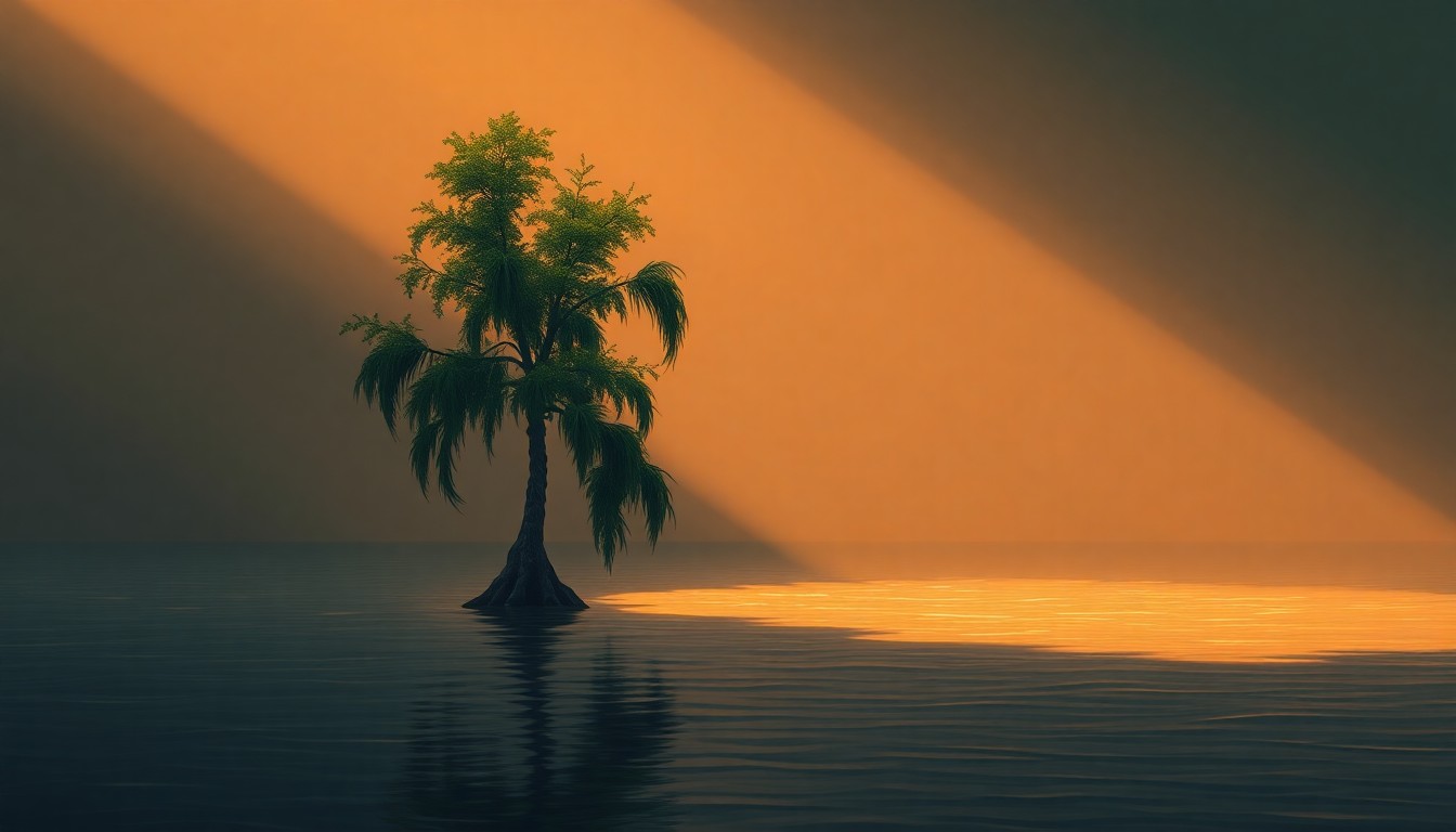 A serene, painterly depiction of a lone cypress tree standing in the shallow waters of the Everglades, with warm sunlight and deep shadows creating a contemplative, cinematic mood.