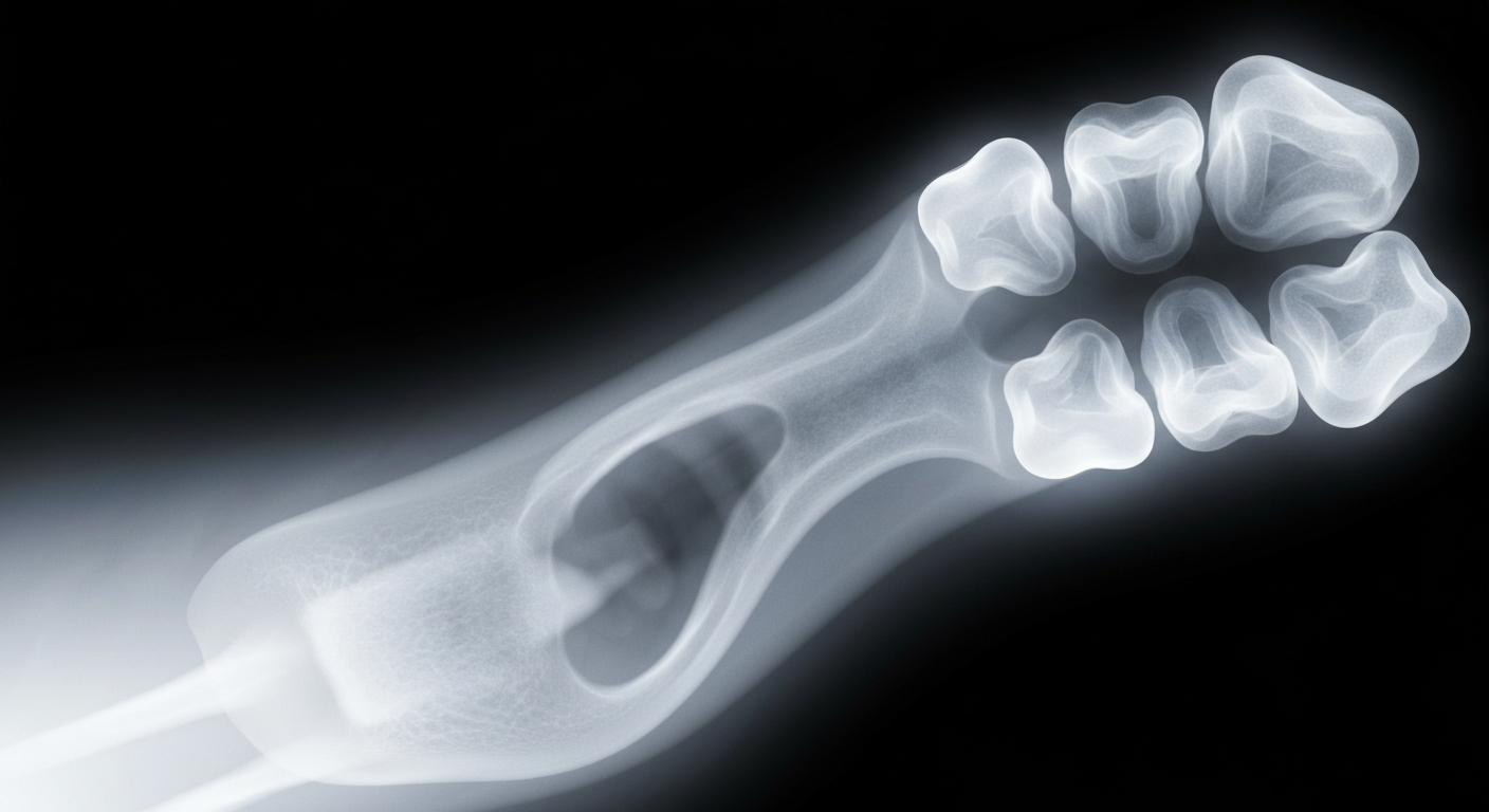 A highly detailed, translucent X-ray photograph of a human molar, its internal structure glowing against a dark background, conceptually representing the importance of fluoride for dental health.