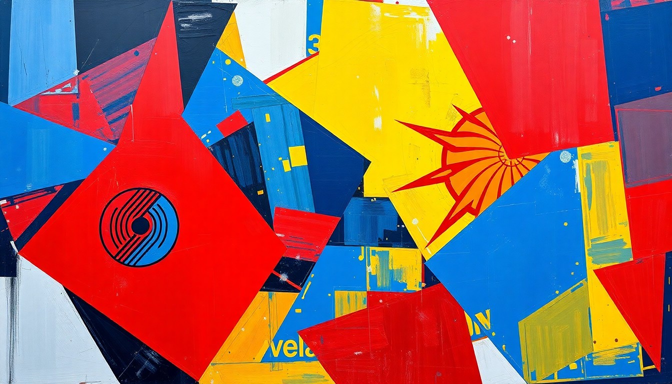 A cubist-style painting depicting a basketball game, with the players and court broken down into sharp, overlapping geometric shapes in vibrant colors, capturing the intensity and competitiveness of the matchup.