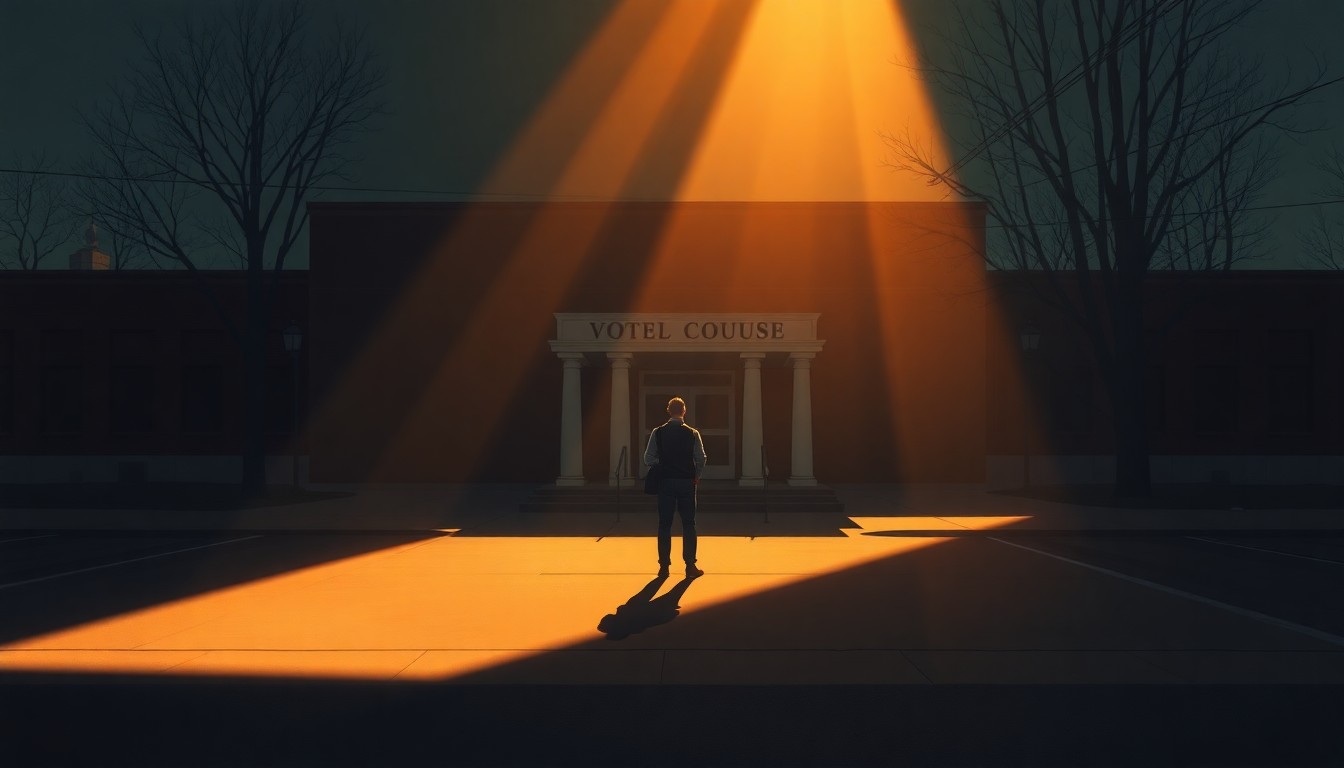 A serene, cinematic painting depicting a lone voter standing in front of a public building, the scene bathed in warm, directional light and deep shadows, conveying a sense of civic engagement and the importance of accessible voting.
