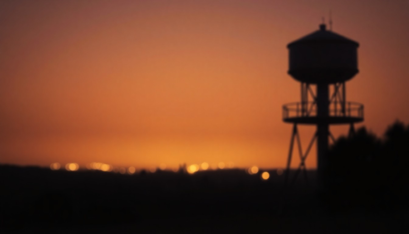 A hazy, dreamlike photograph of the shadowy outline of a water tower at night, with the surrounding landscape and sky blurred into abstract patterns of warm, glowing light.
