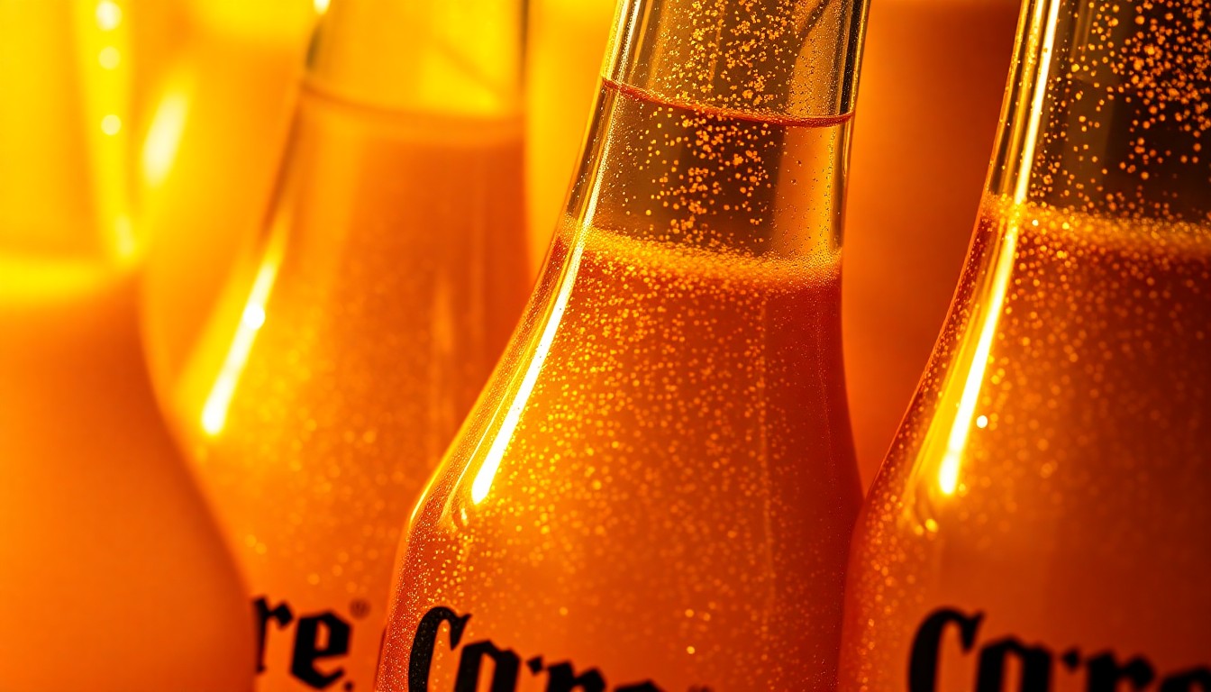 An extreme, abstract close-up photograph of the shimmering, reflective glass bottles of Corona Sunbrew, filled with a vibrant orange-yellow liquid, captured in dramatic high-contrast studio lighting to create a luxurious, high-fashion aesthetic.