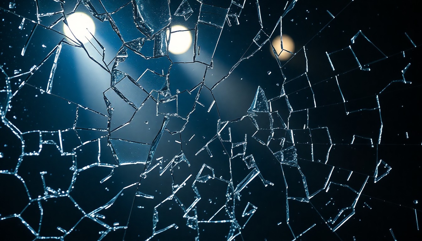 An extreme macro photograph of shattered glass reflecting dramatic studio lighting, conveying a sense of fragility and the pressures of celebrity culture.