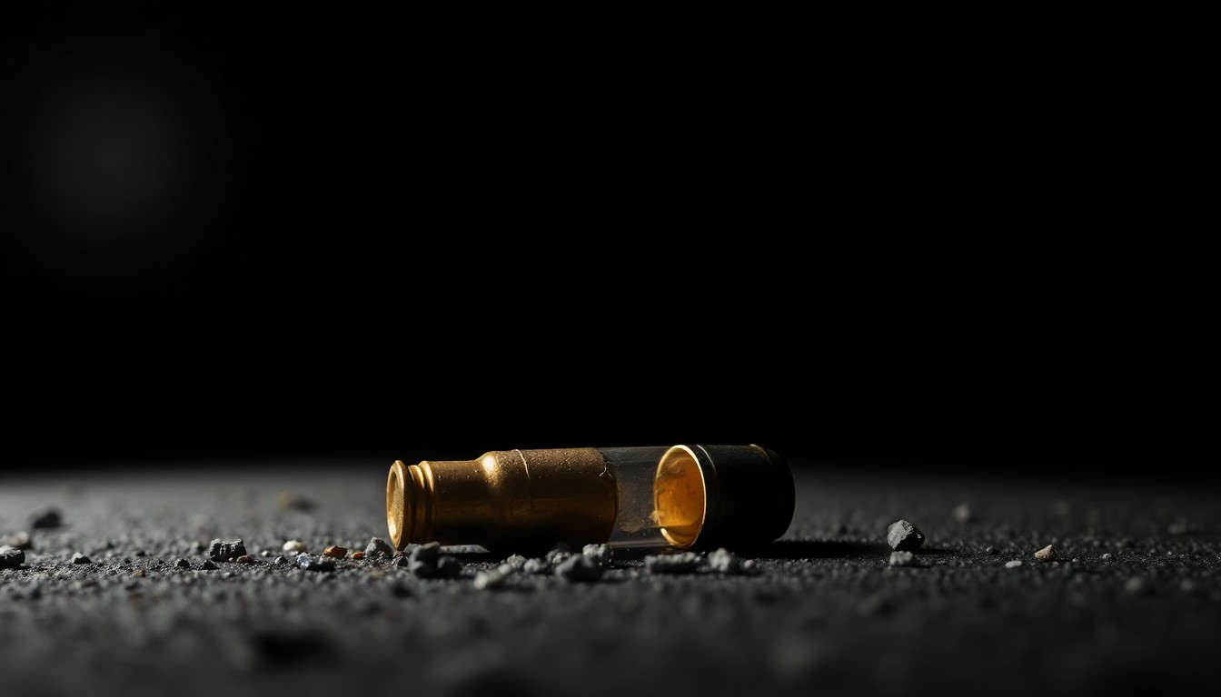 An extreme close-up photograph of a spent bullet casing on the ground, lit by a harsh camera flash against a pitch-black background, conceptually representing the sudden violence and investigative nature of the incident at the N Zone Bar.