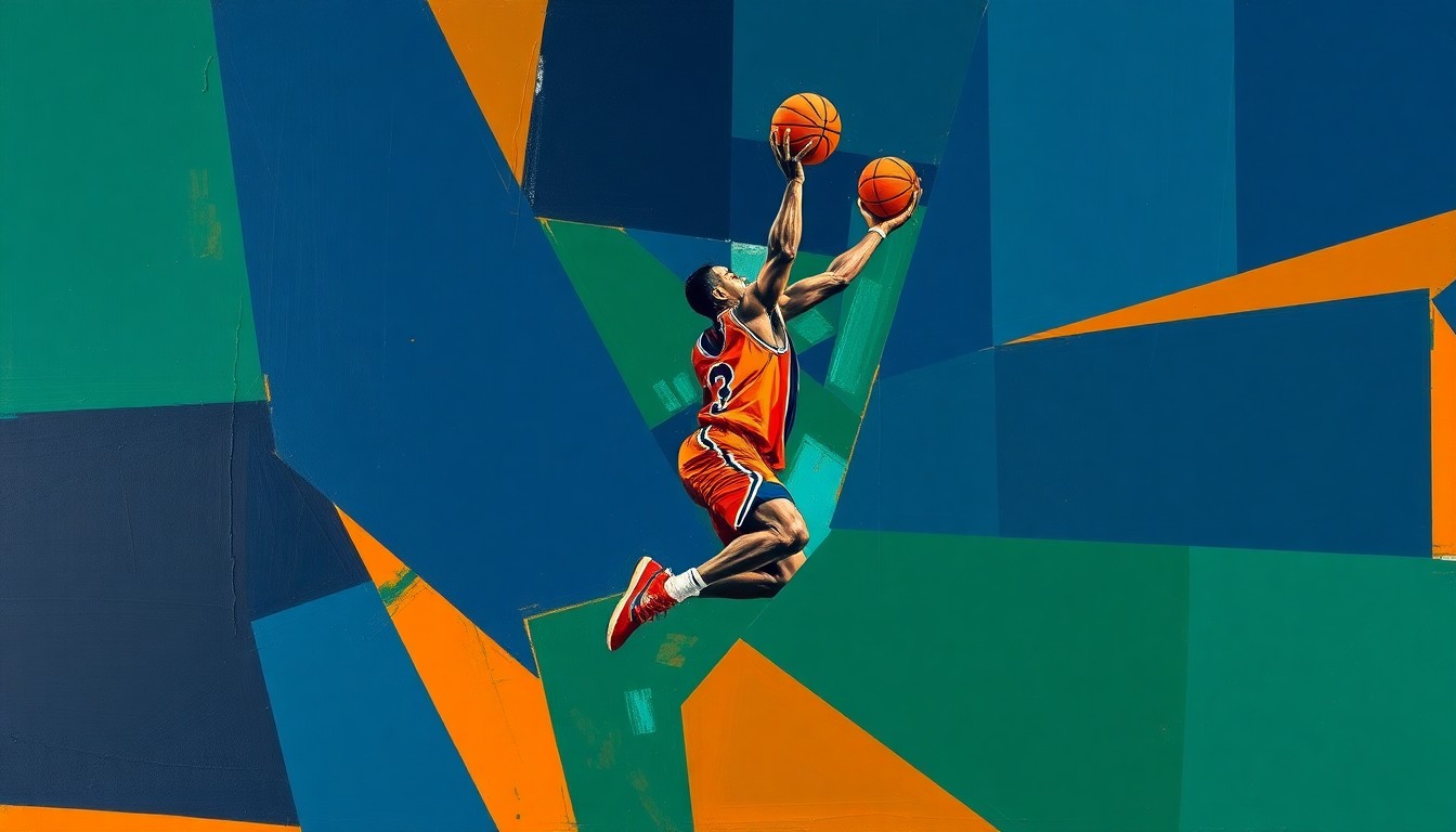 A fragmented, multi-angled painting depicting the abstract motion and energy of a basketball player, rendered in a cubist style using bold, overlapping shapes and colors.
