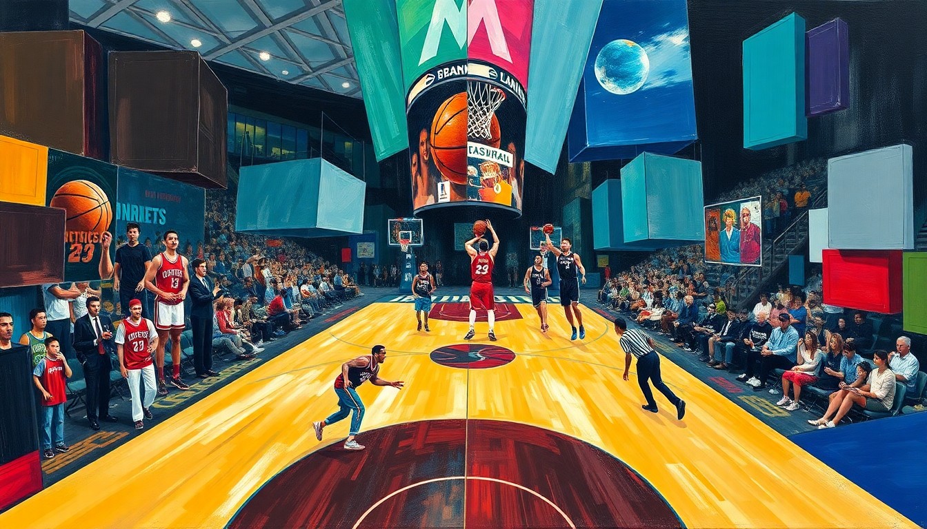 A cubist, geometric painting depicting a basketball game in fragmented, overlapping shapes and planes, conveying the intensity and energy of the playoff-bound matchup between the Charlotte Hornets and Miami Heat.