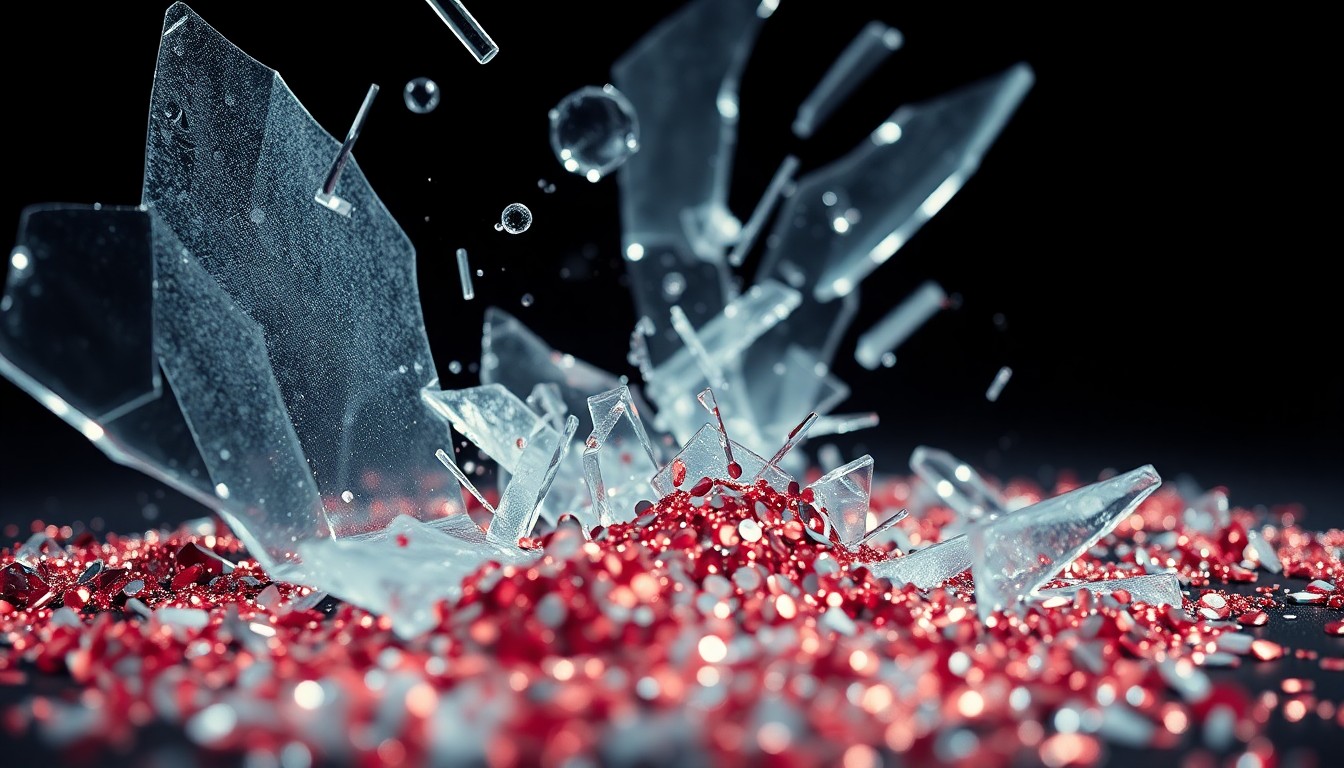 An extreme close-up of shattered glass and glittering sequins, captured in dramatic high-contrast studio lighting to conceptually represent the fragility and glamour of celebrity culture.
