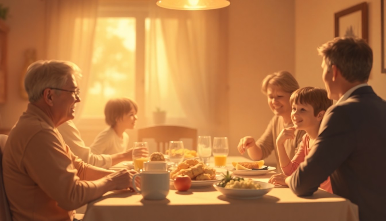 An extremely abstracted, out-of-focus photograph of a family gathered around a kitchen table, their faces and forms blurred into soft pools of warm color and light, conveying a sense of intimacy and nostalgia.