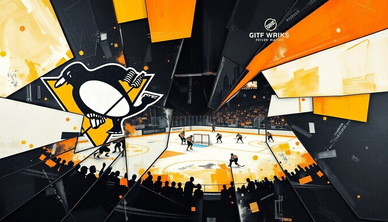A cubist, geometric painting depicting a hockey game between the Pittsburgh Penguins and Philadelphia Flyers, with the players and action broken down into sharp, overlapping planes of vibrant colors.