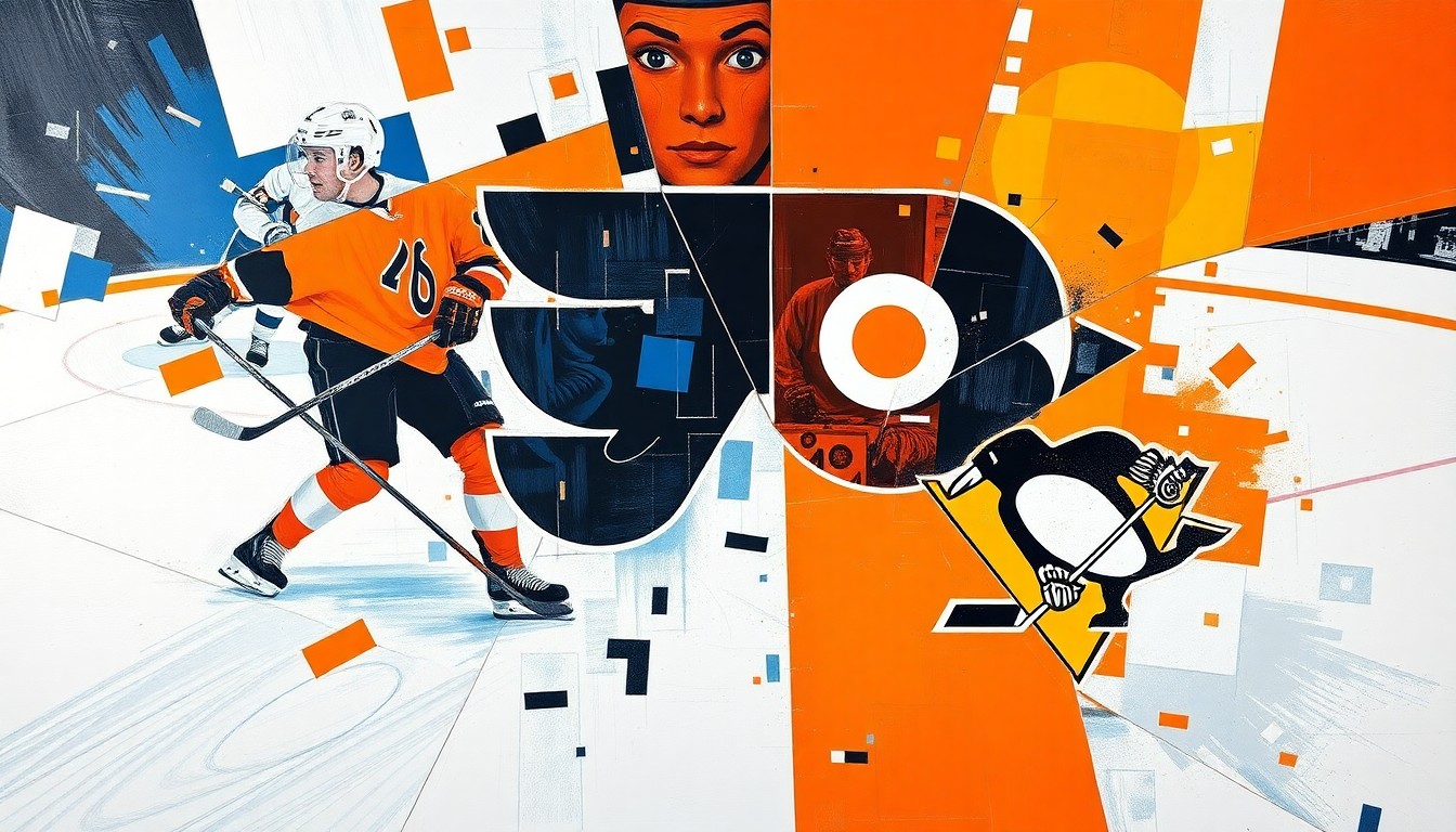 A cubist, geometric painting depicting a hockey game between the Philadelphia Flyers and Pittsburgh Penguins, with the players and action broken down into sharp, overlapping planes of vibrant orange, black, and blue colors.