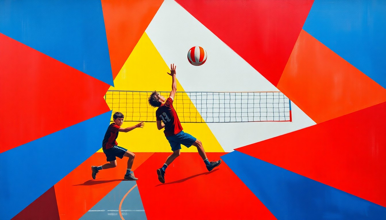 A fractured, cubist-style painting depicting the dynamic movements and energy of a boys volleyball match, with the players and ball rendered in abstract geometric shapes and planes of bright, contrasting colors.