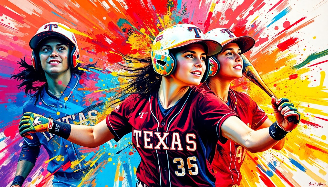 A vibrant, energetic painting with bold brushstrokes and neon colors capturing the intensity and offensive power of a softball game, with players' forms dissolving into abstract shapes and splashes of color.
